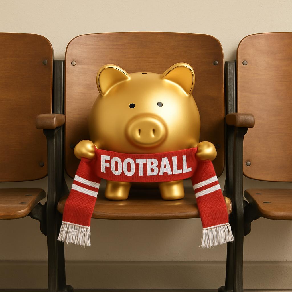 A piggy bank labeled football sits on a bench, surrounded by empty seats.
